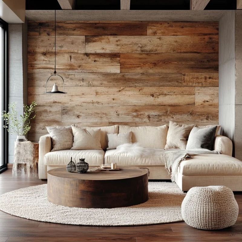 reclaimed wood plank wall design with rustic texture in modern living room