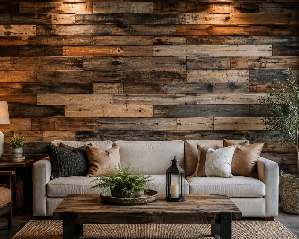 reclaimed wood wall art in rustic interior