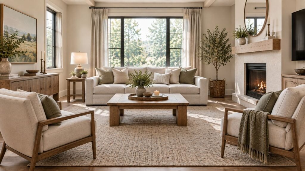 Living room with a properly sized area rug