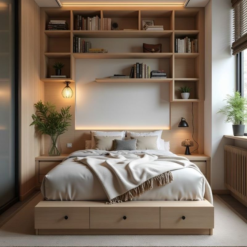 small bedroom space saving ideas with storage bed and wall shelves