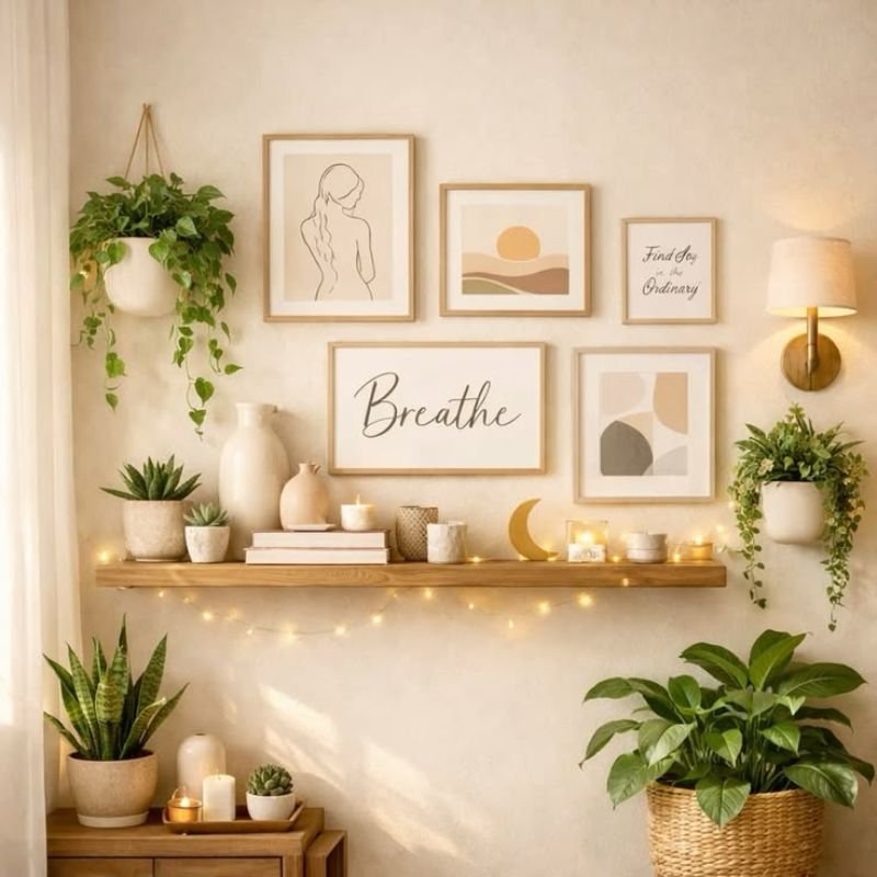 small room wall & decor ideas with mirror and shelves