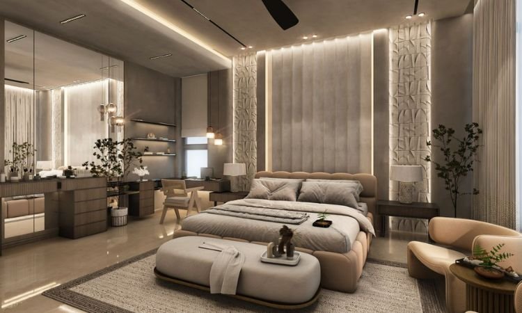 Queen bed room layout with proper spacing and furniture placement guide