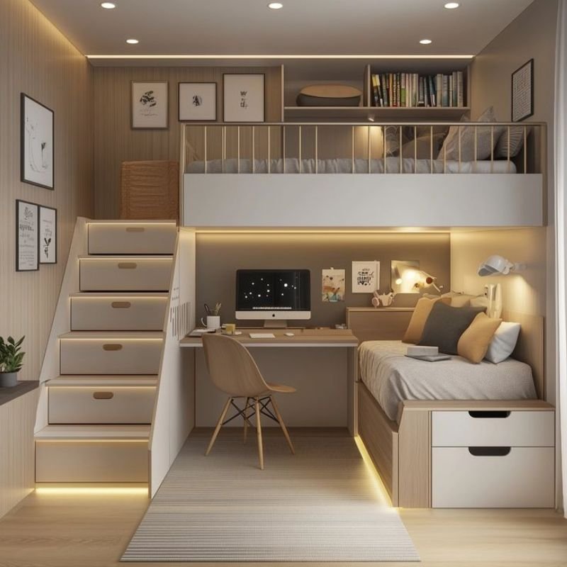 Space saving kids bedroom sets with bunk bed and study area”