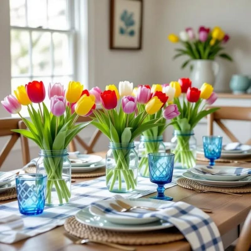 Spring table decor with pastel linens and fresh tulips in a bright, airy setting