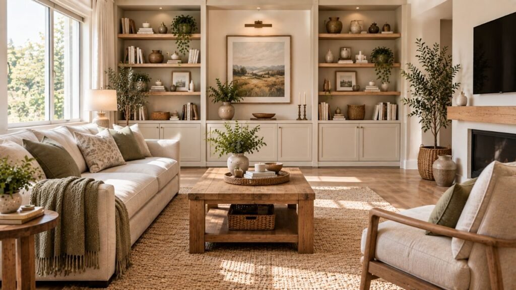 Living room shelves styled with simple decorative accessories