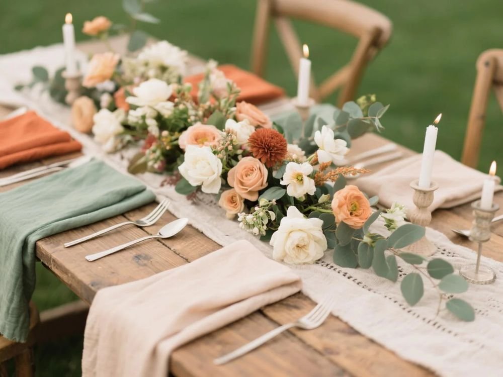 Summer and autumn table decor with natural textures and seasonal colors
