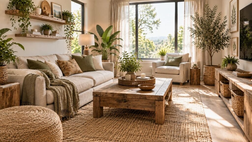 Living room with sustainable natural decor materials