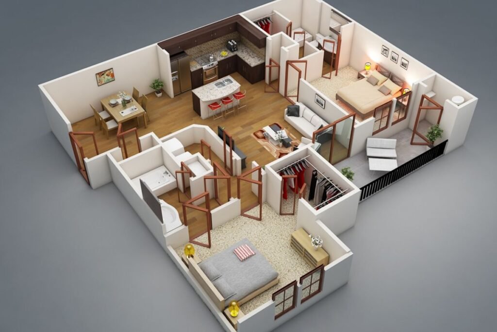 2 bedroom apartment floor plan layout design with two bedrooms and living area