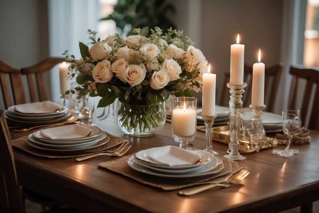 Elegant table decor with candles, linen, and floral centerpiece creating a warm dining atmosphere