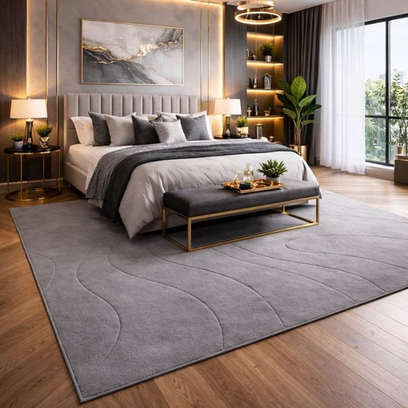 large area rug placed under bed in modern bedroom