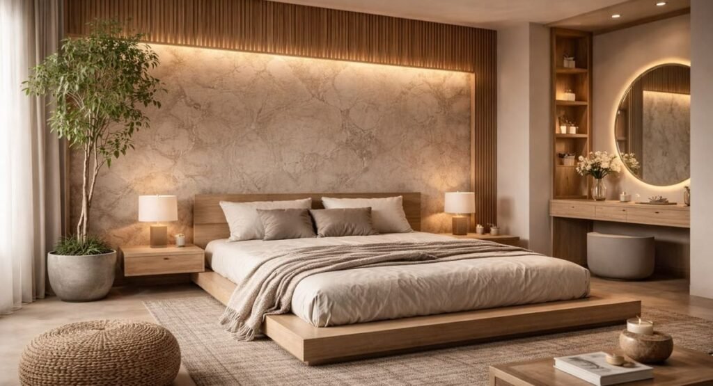 standard size bedroom layout with modern furniture and balanced spacing