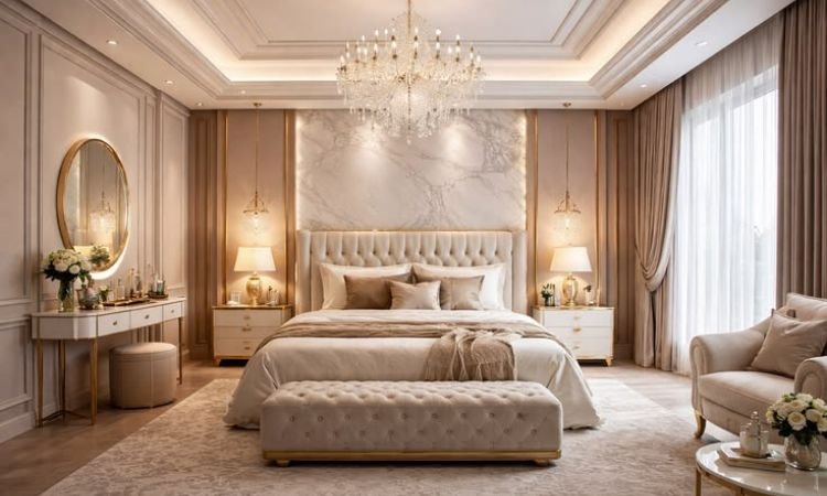 Upholstered king size bed with velvet headboard and luxury bedroom styling