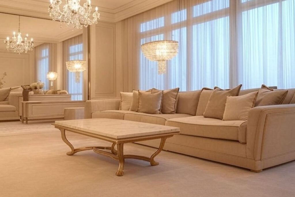 "Dining room mirror decor reflecting natural light and creating spacious effect"