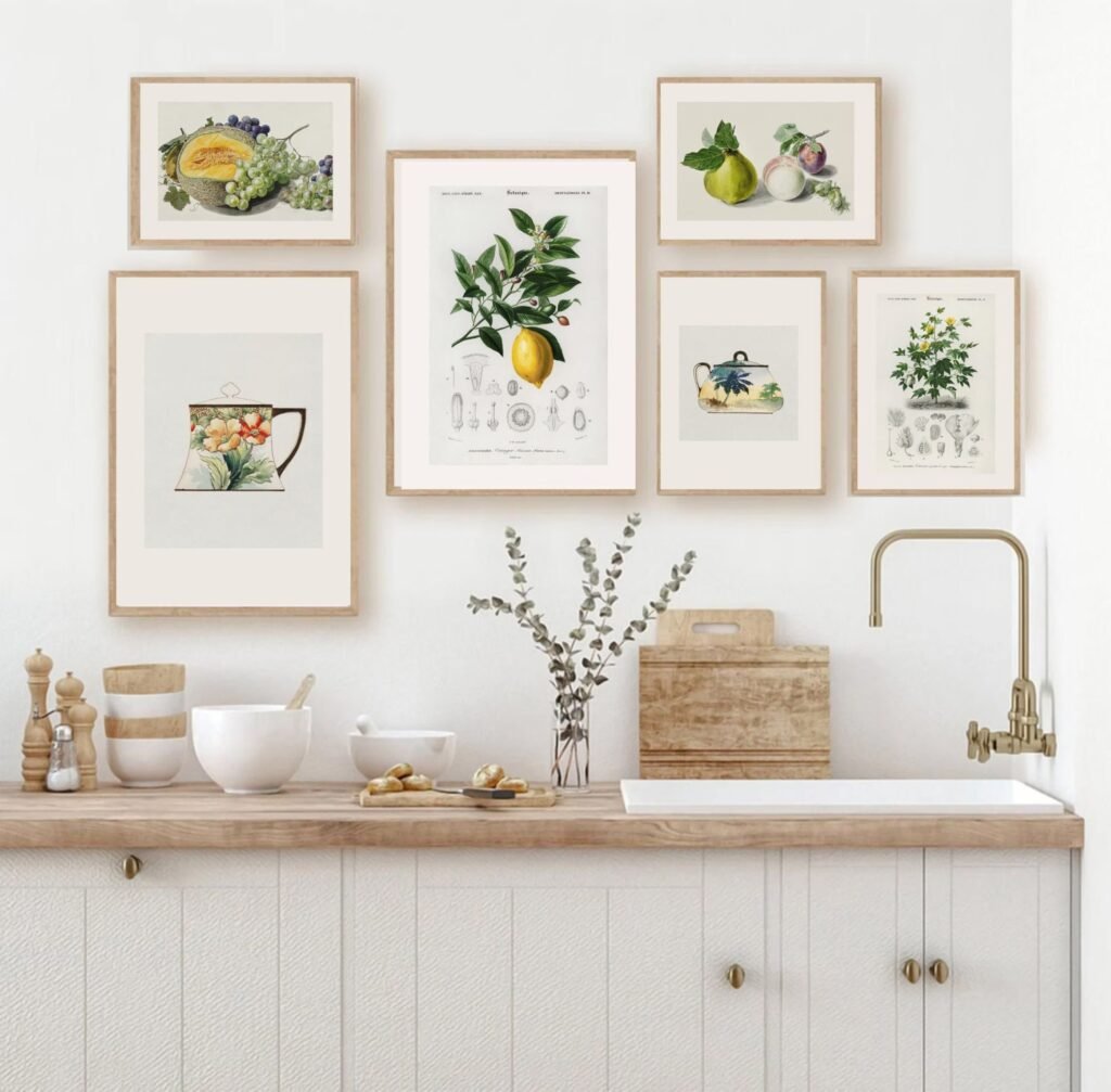Kitchen gallery wall with botanical prints and vintage food artwork.