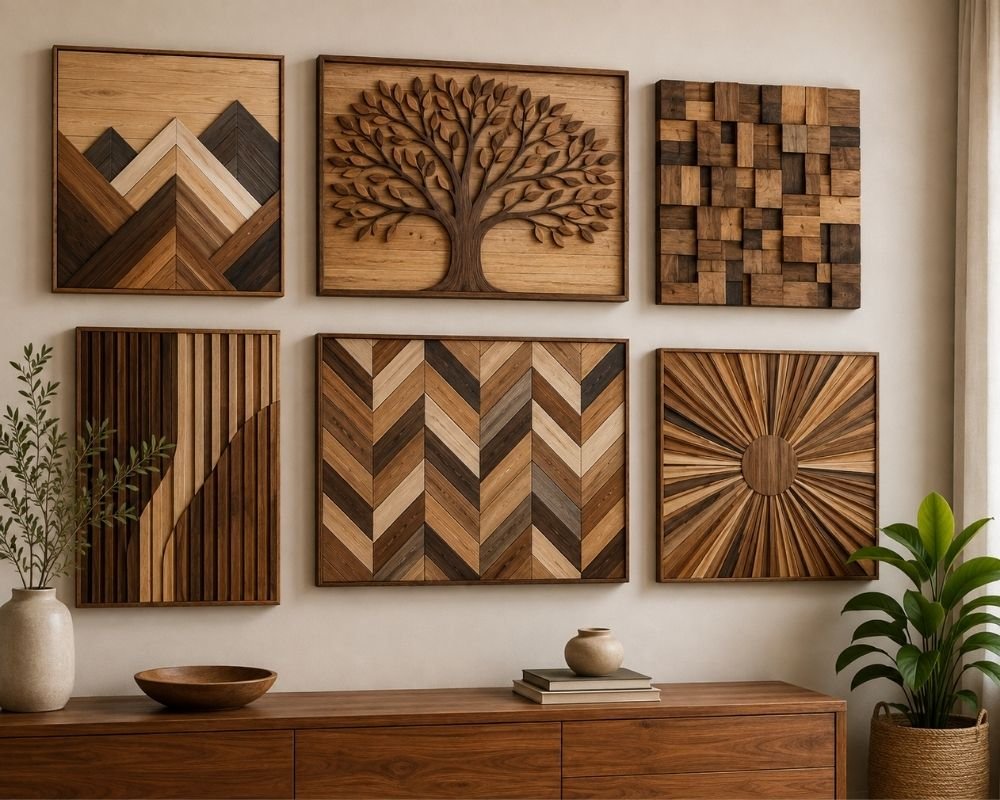 different wood wall art styles displayed on a wall