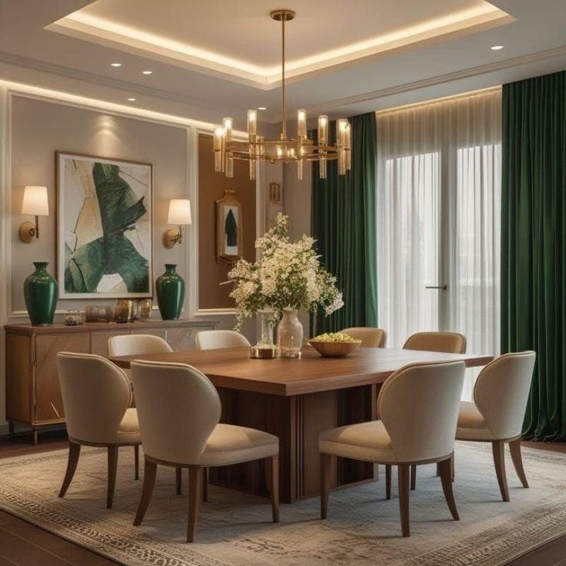 Family enjoying a meal at a beautifully decorated dining table in a cozy home