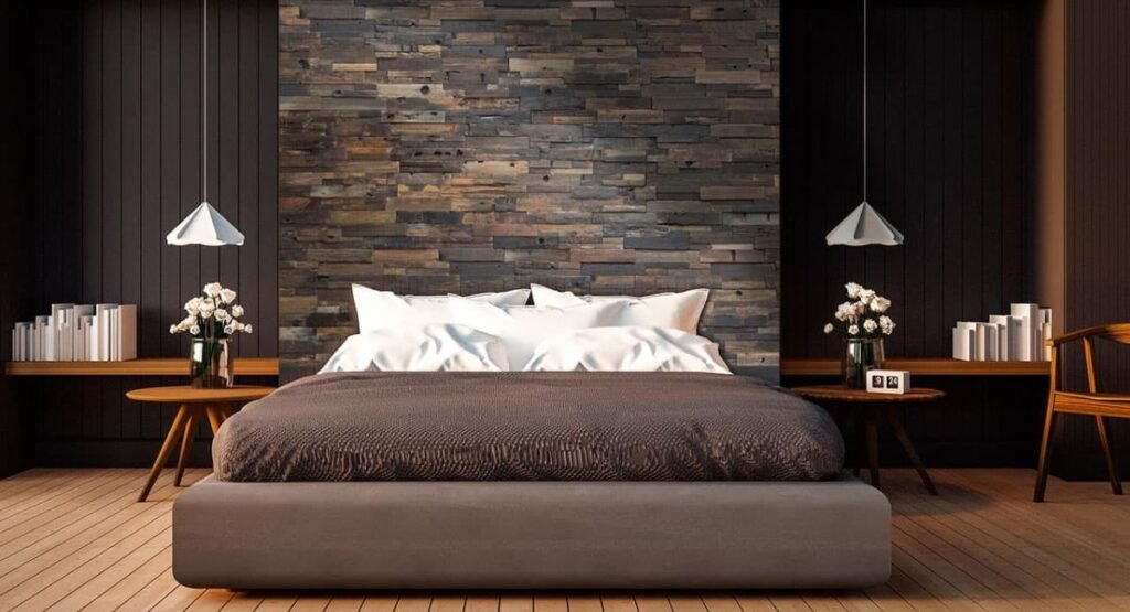 wood wall headboard design in bedroom creating calm and cozy atmosphere