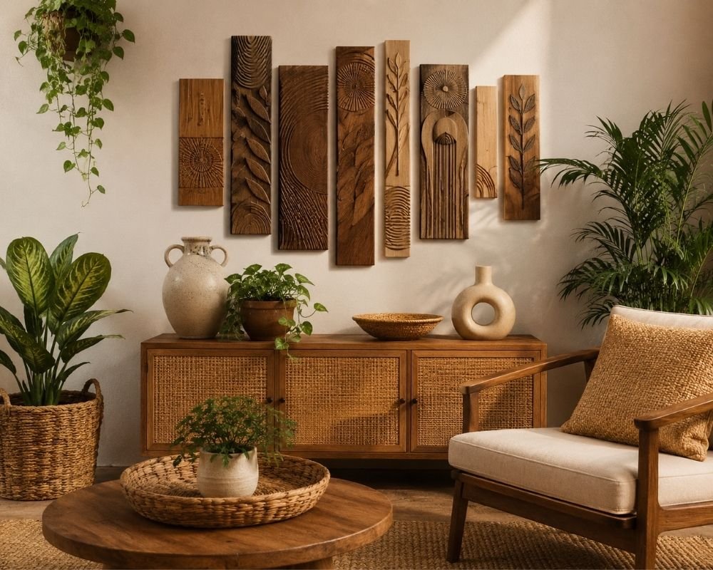 wooden wall art styled with natural textures and home decor