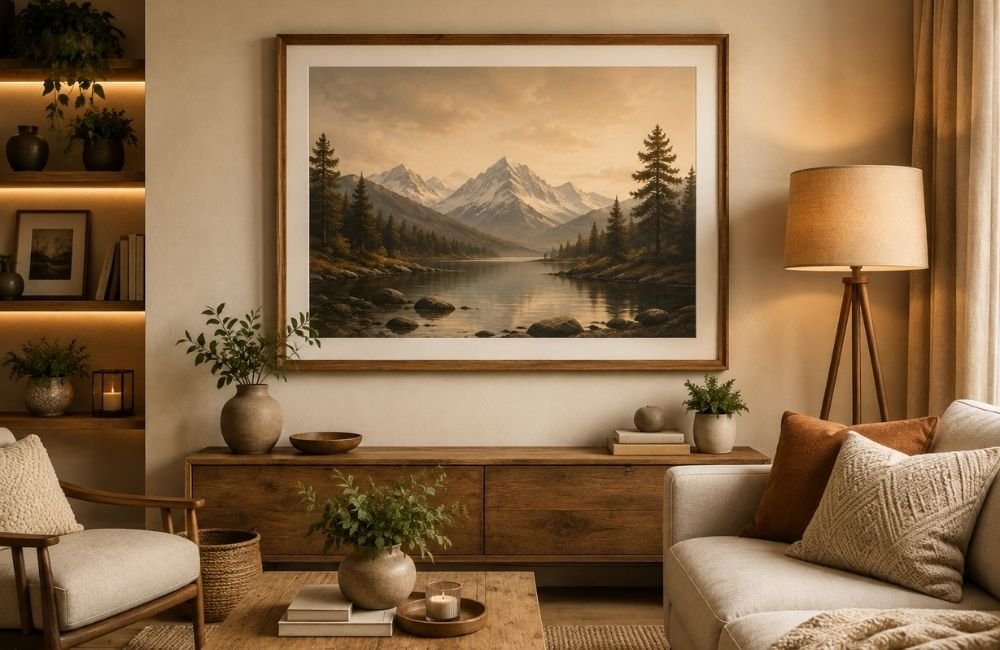 natural wood picture frame in a warm interior