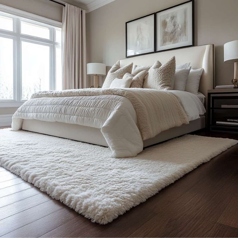 wool bedroom rug in elegant and minimal bedroom setup