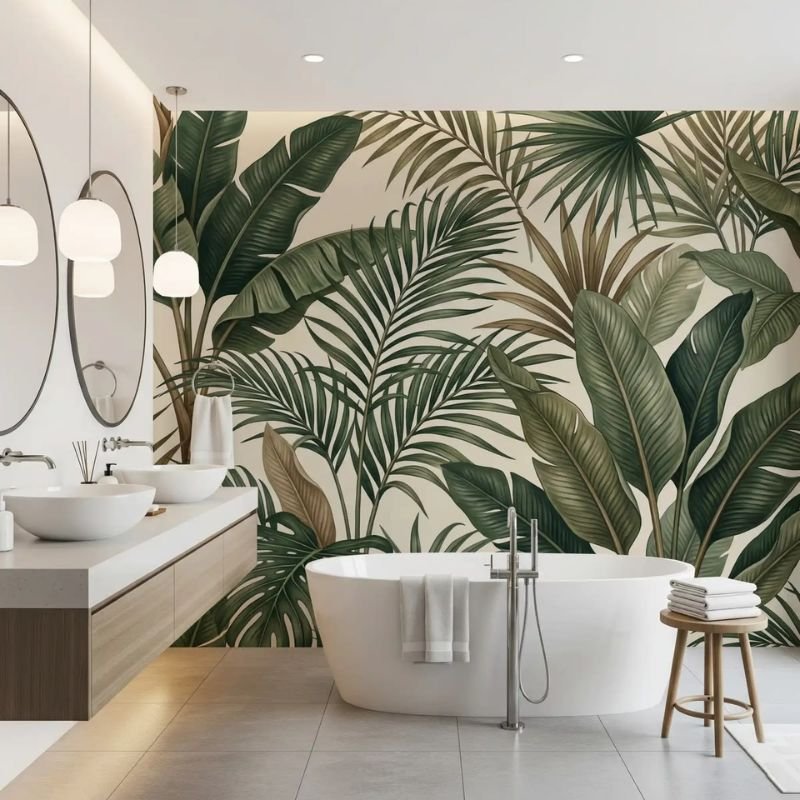 Green botanical leaves decorating a bathroom wall