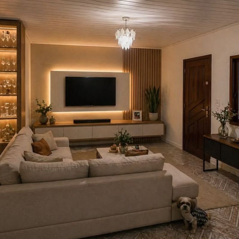 “Floating shelves around wall mounted TV in modern living room”