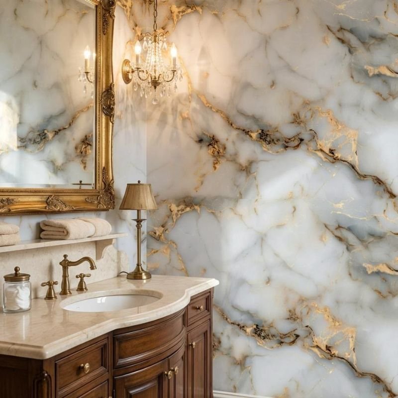 Luxury marble-effect wall finish in white bathroom