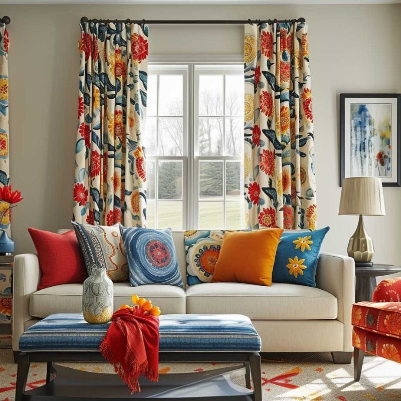 “Bold colored curtains creating a focal point in a stylish living room”