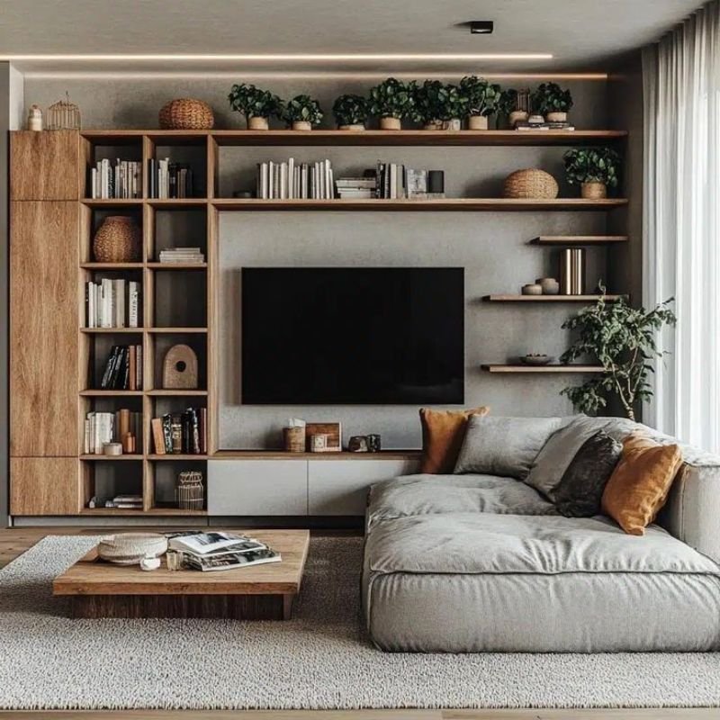 “Built in cabinetry around TV with hidden storage”
