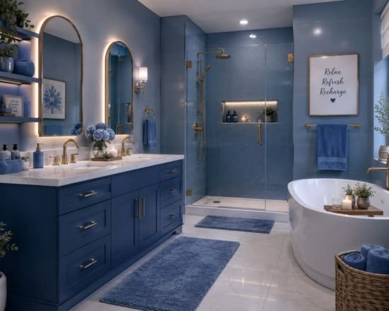 Blue coastal-inspired bathroom interior