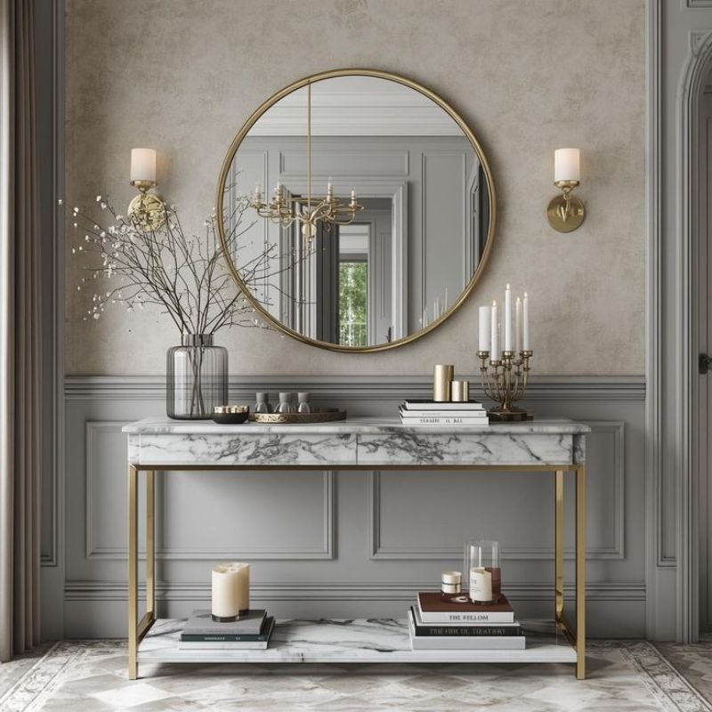 “mirrored furniture table console in luxury hallway”