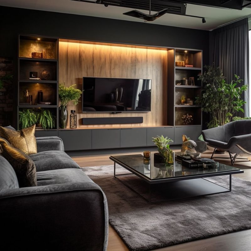 “Geometric wallpaper TV accent wall”