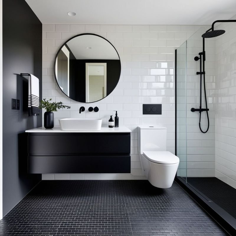 Elegant monochrome bathroom design with patterned walls