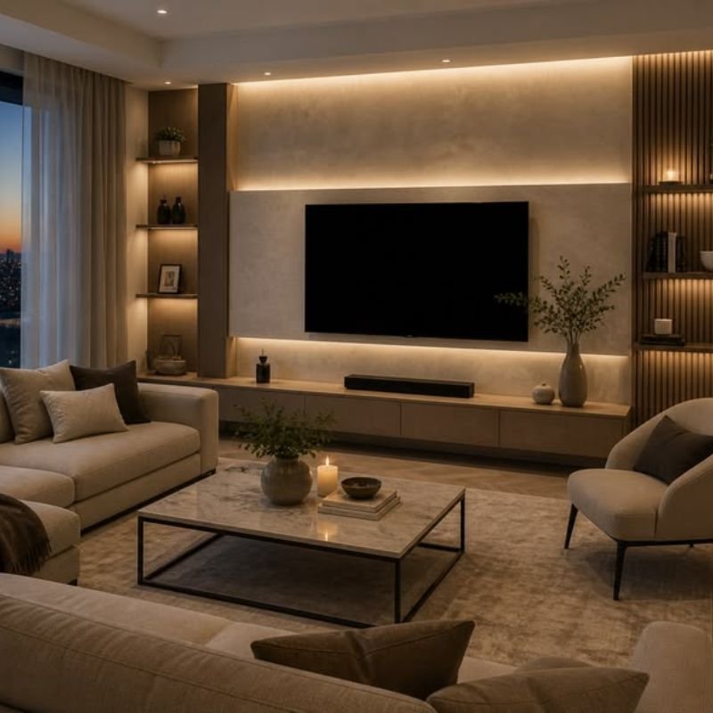 “Minimalist living room TV wall setup”