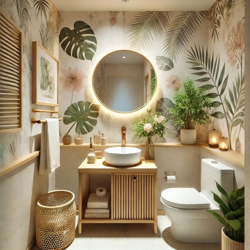 Tropical bathroom wallpaper with palm leaf pattern
