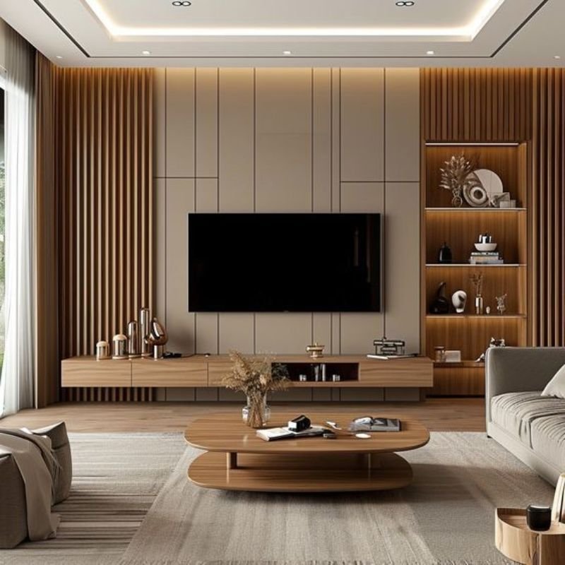 “Dark charcoal TV accent wall in living room”