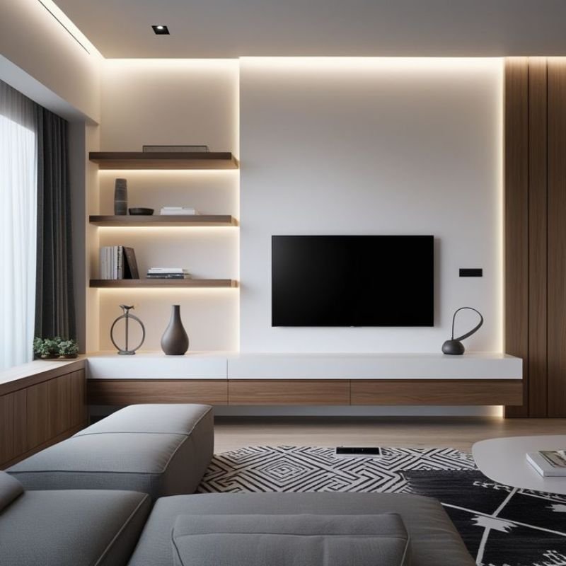 “Floating TV wall with hidden cable management”