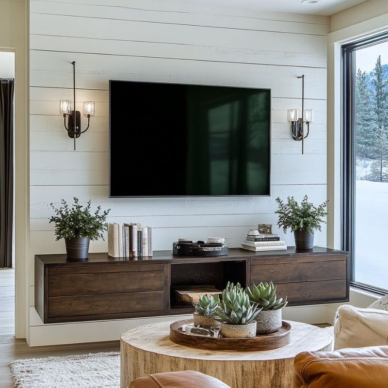 “White shiplap TV wall in farmhouse living room”