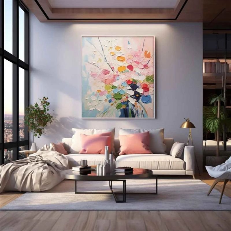 “Colorful abstract wall art displayed in contemporary living room adding creative and artistic vibe”