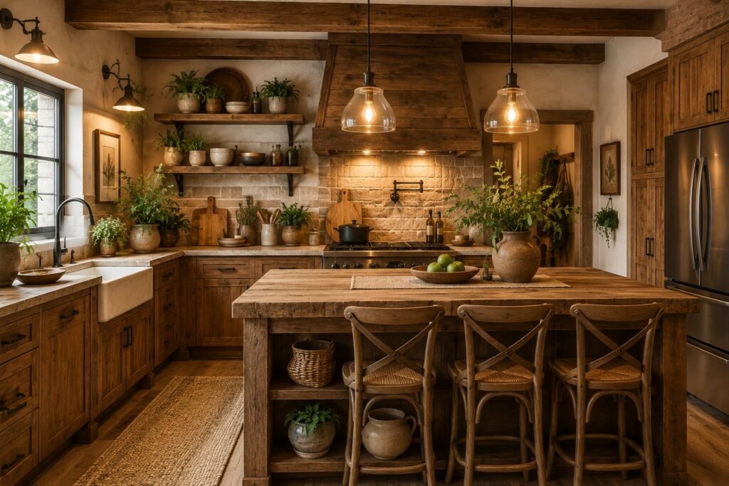 rustic kitchen ideas with natural wood and warm decor