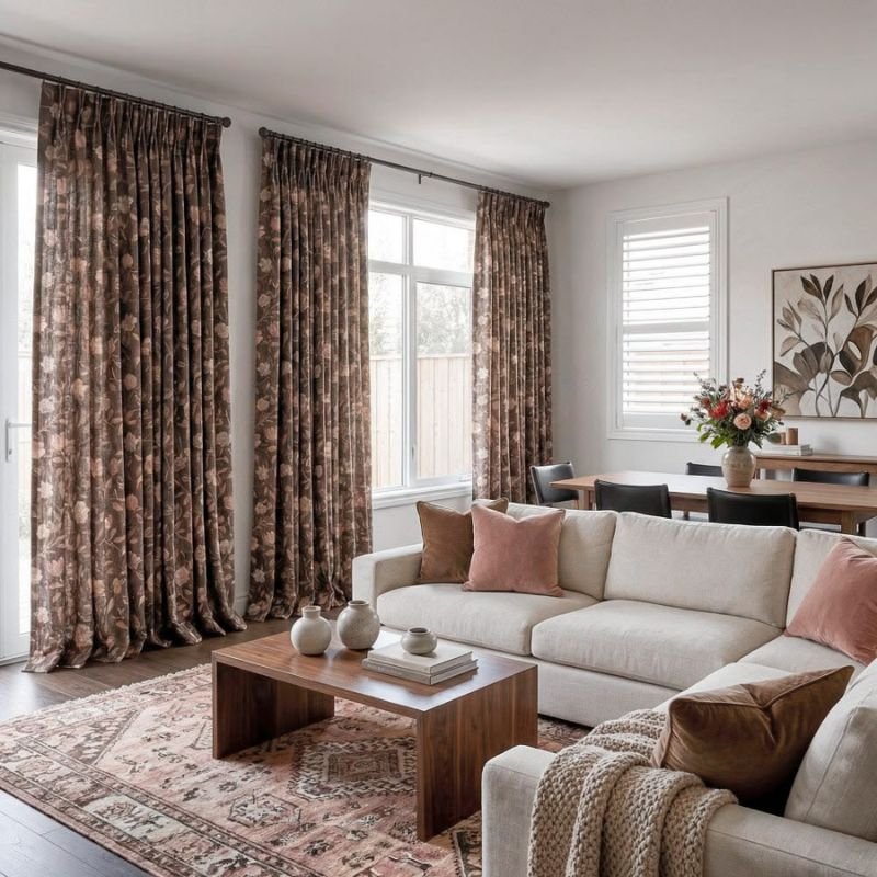 “Patterned curtains adding personality to a living room”