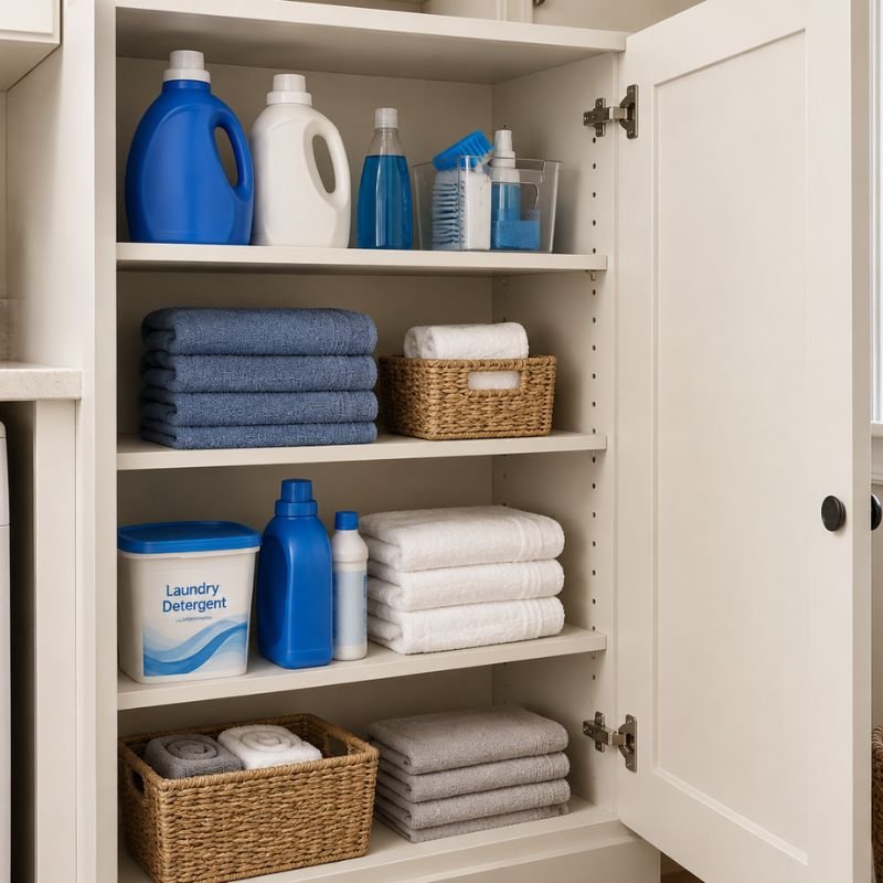 adjustable shelves inside laundry room storage cabinets