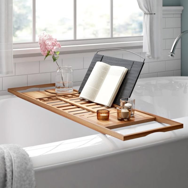 bamboo bathroom tray in spa style bathroom