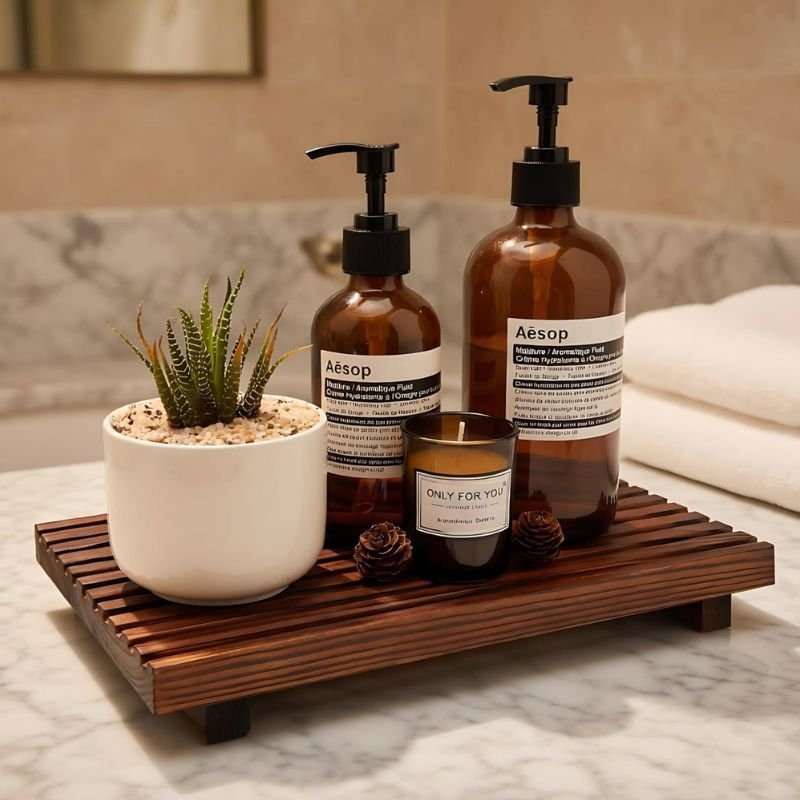 bathroom counter tray with soap dispenser and lotion