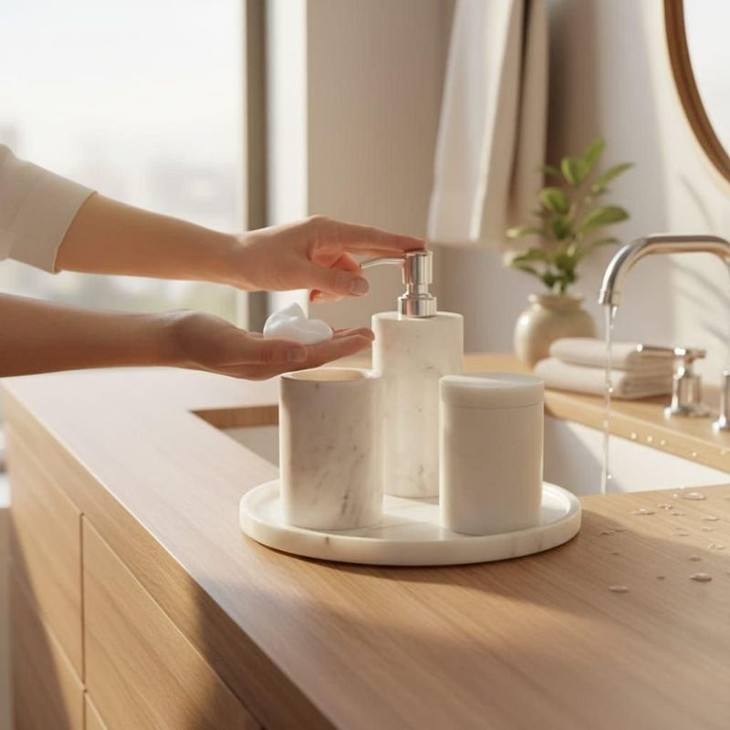 bathroom tray beside sink with soap dispenser