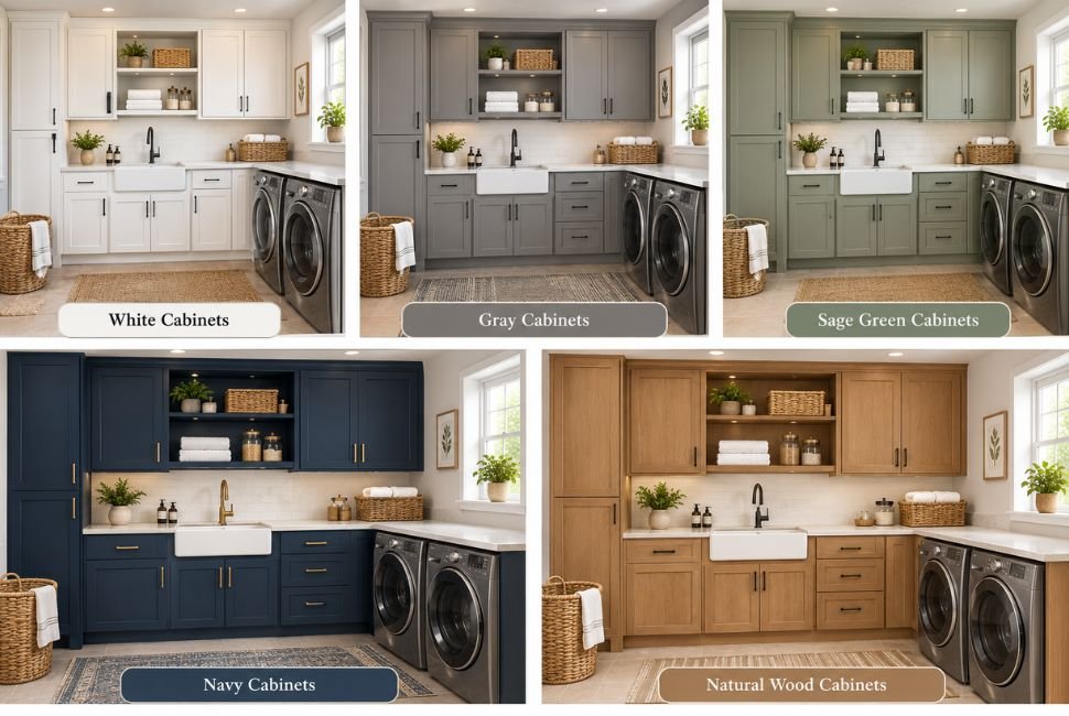 white gray and sage green laundry room cabinet colors