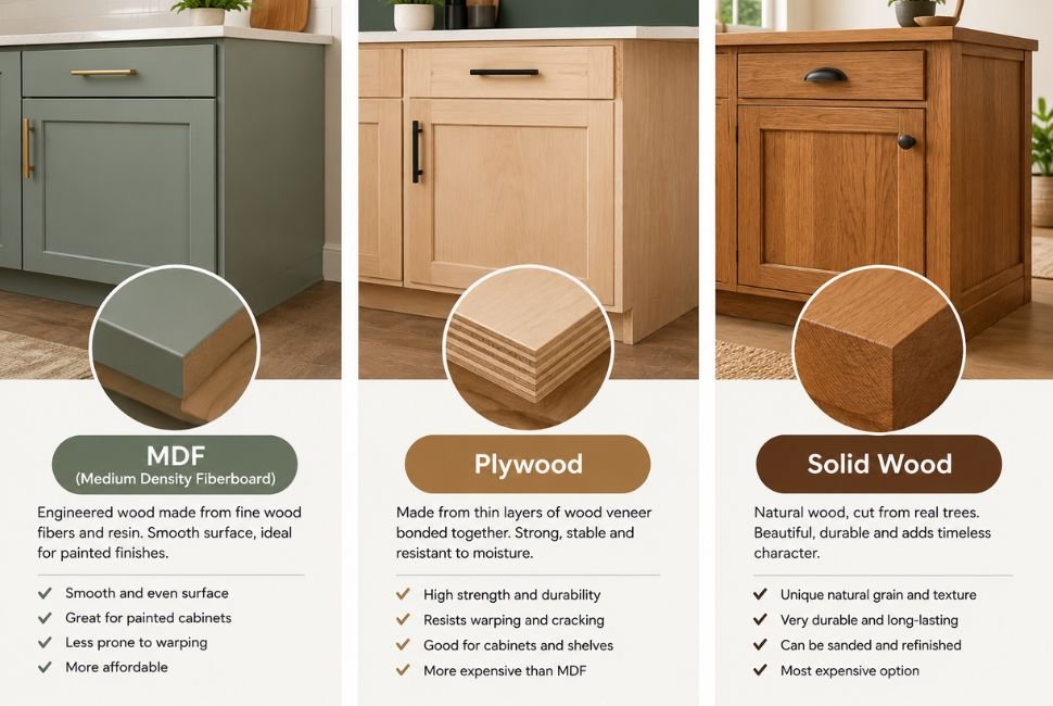 MDF plywood and solid wood for laundry room cabinets