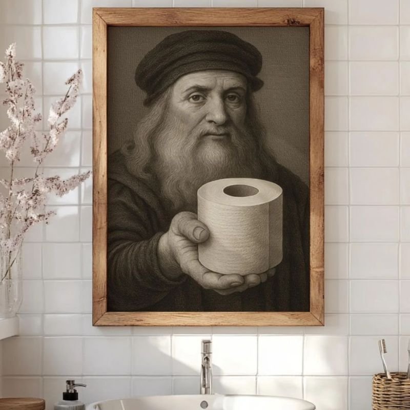 "bathroom art placed above toilet wall"