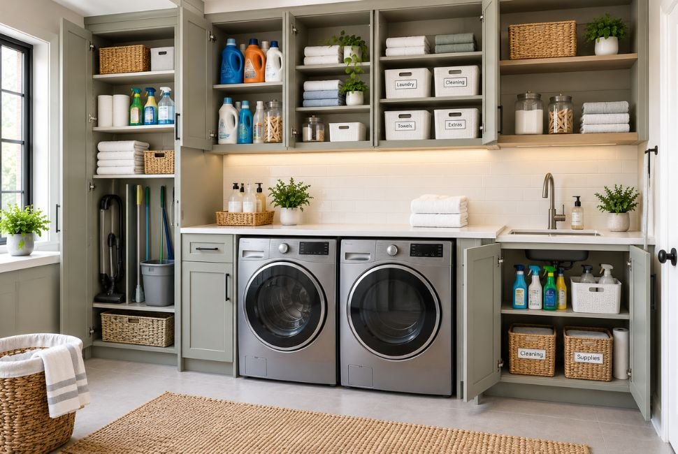 organized detergent bottles towels and cleaning supplies