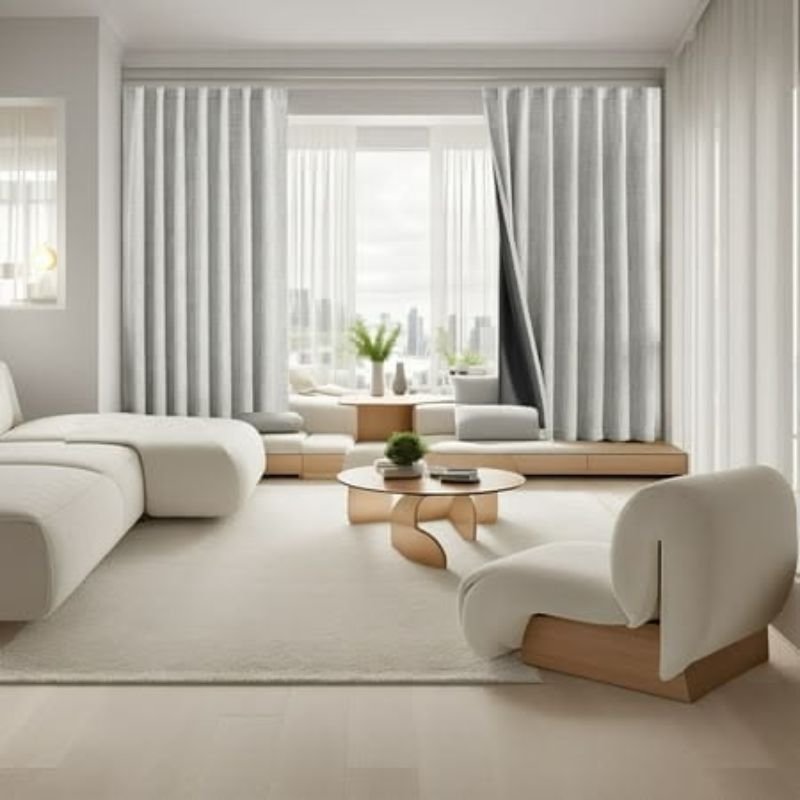 “Blackout curtains reducing sunlight in a modern living room”